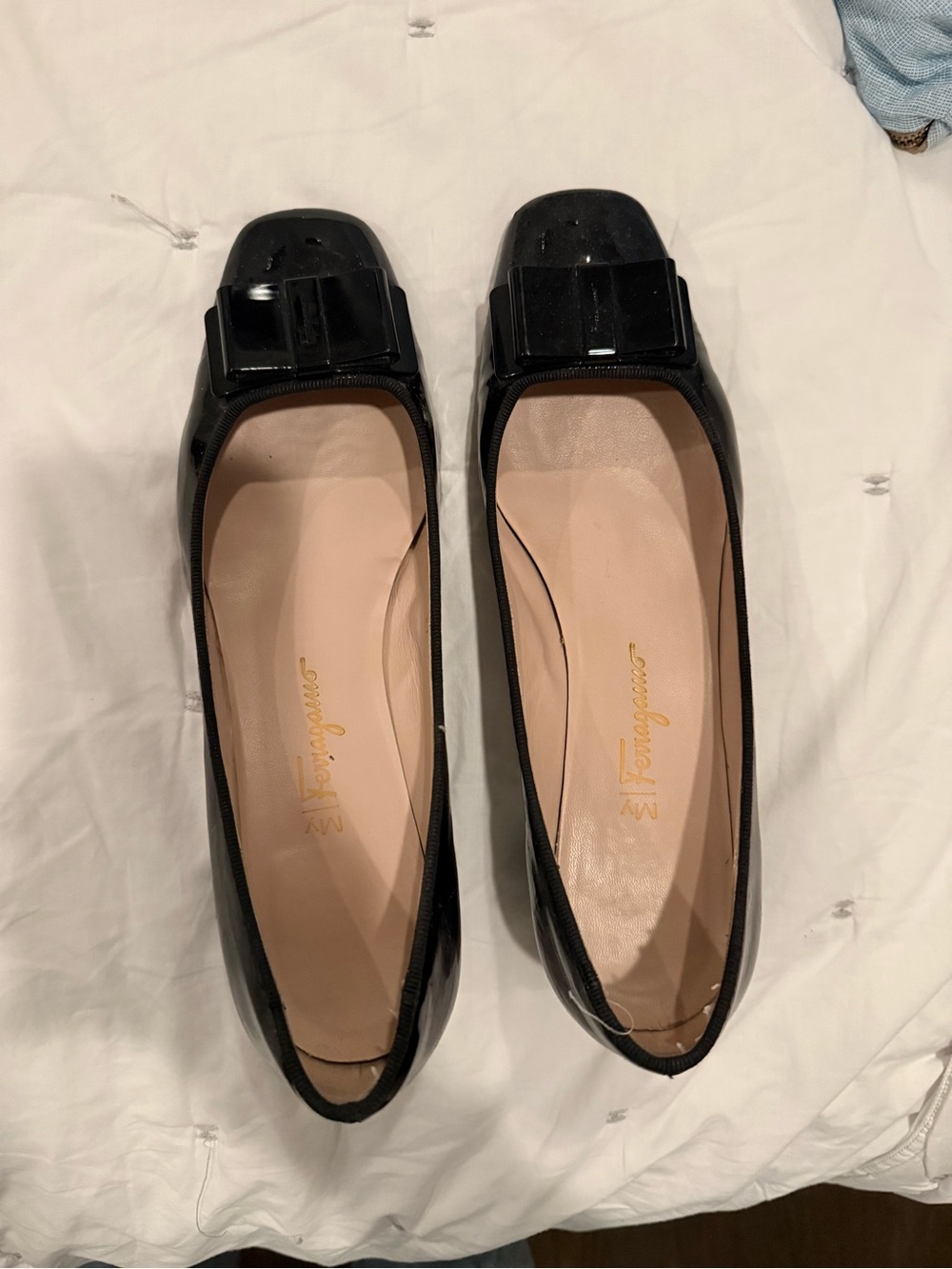 Salvatore Ferragamo Black Patent Leather Vara Bow Flats